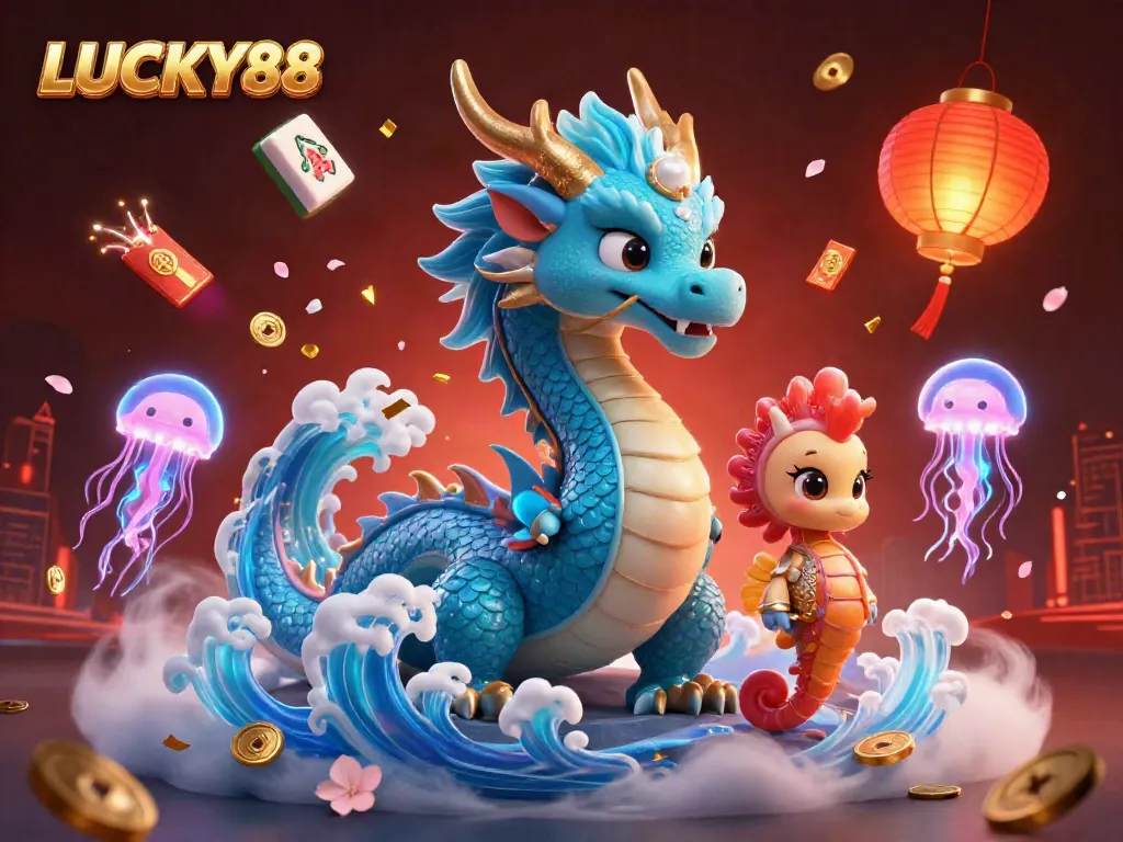 Experience LUCKY88's vibrant world with a majestic dragon, a seahorse knight, and glowing jellyfish.