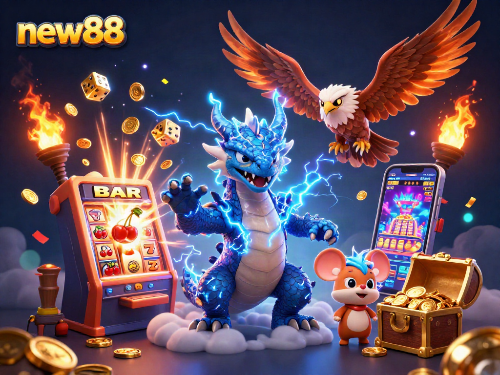 Experience the thrill of new88 with a dynamic casino scene featuring a thunder dragon, vibrant slot machines, and a treasure chest