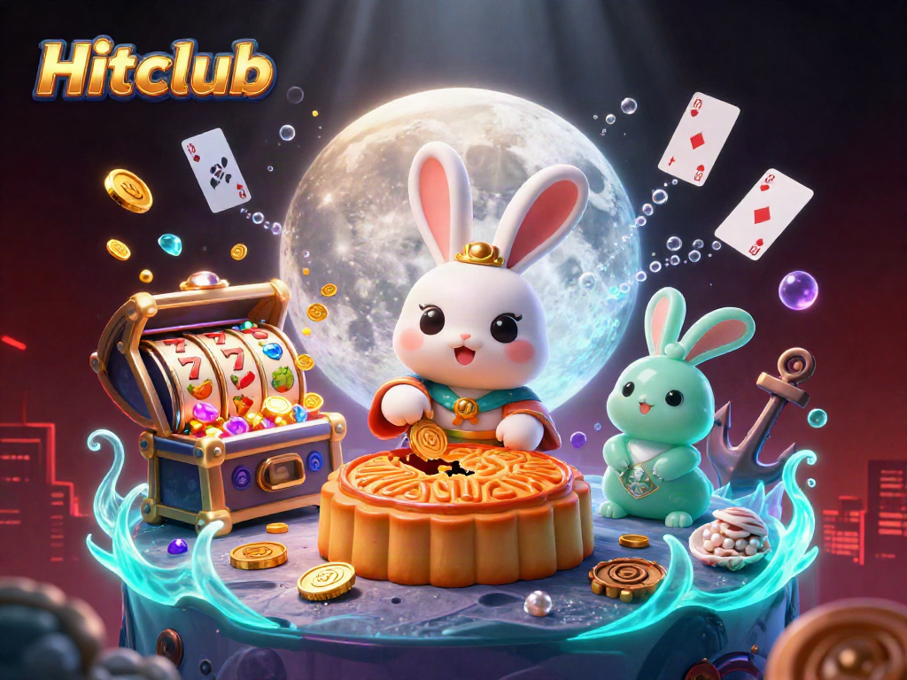 Hitclub showcases a vibrant 3D illustration with a moon rabbit revealing poker chips, dynamic gaming elements abound.