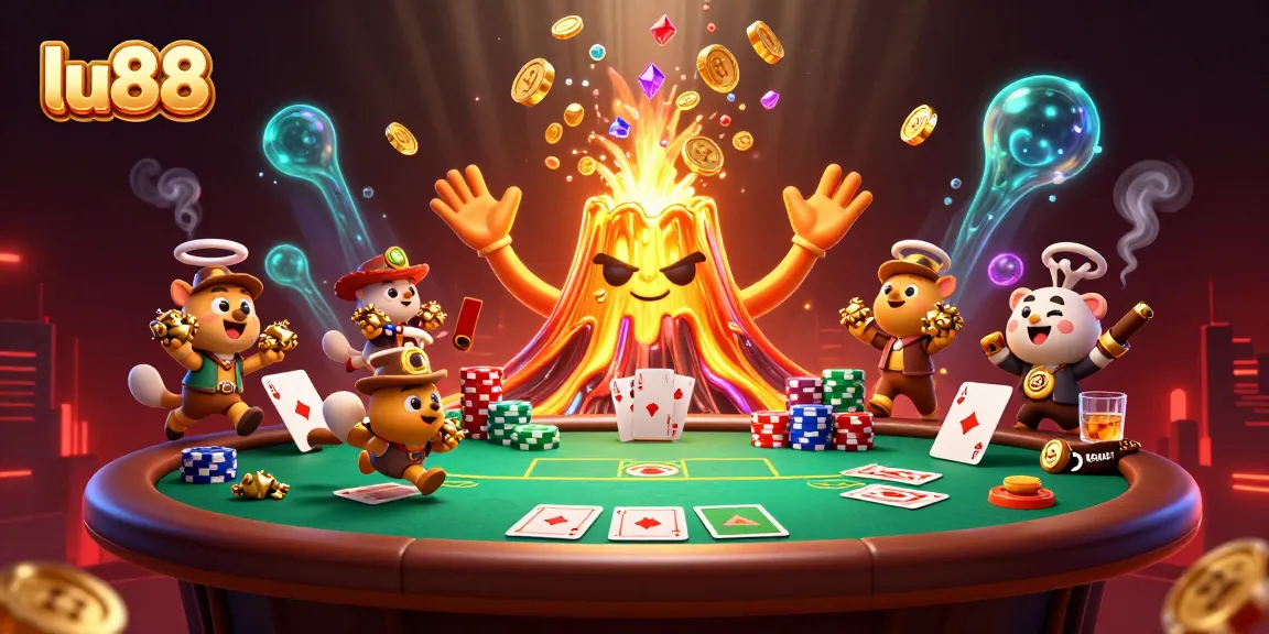 Play exciting casino games at lu88 with vibrant scenes of treasure and poker elements.