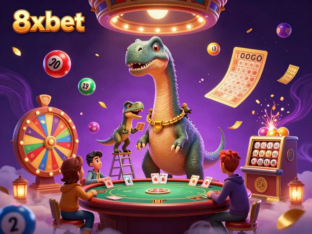Engage with exciting games at 8xbet, featuring a lively dinosaur and dynamic gambling elements.