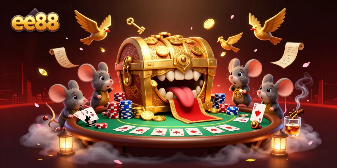 Experience thrilling wins at ee88 casino with vibrant poker and treasure-themed illustration!