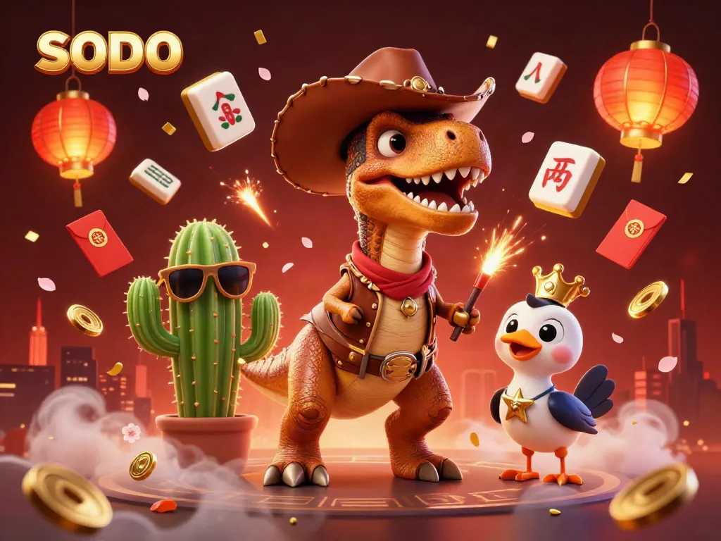 SODO engages players with an action-packed casino scene featuring a T-Rex, cactus, and roadrunner amidst festive game elements.