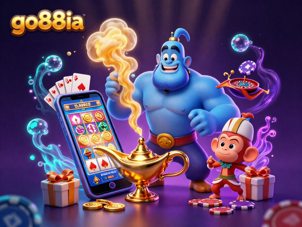 Engage in thrilling games with go88ia: Genie, poker chips, and vibrant casino elements come alive.