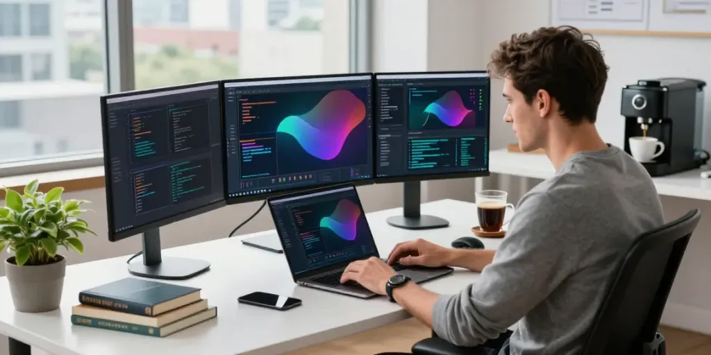 Neil Lock coding in a modern tech workspace with multiple screens and natural light.