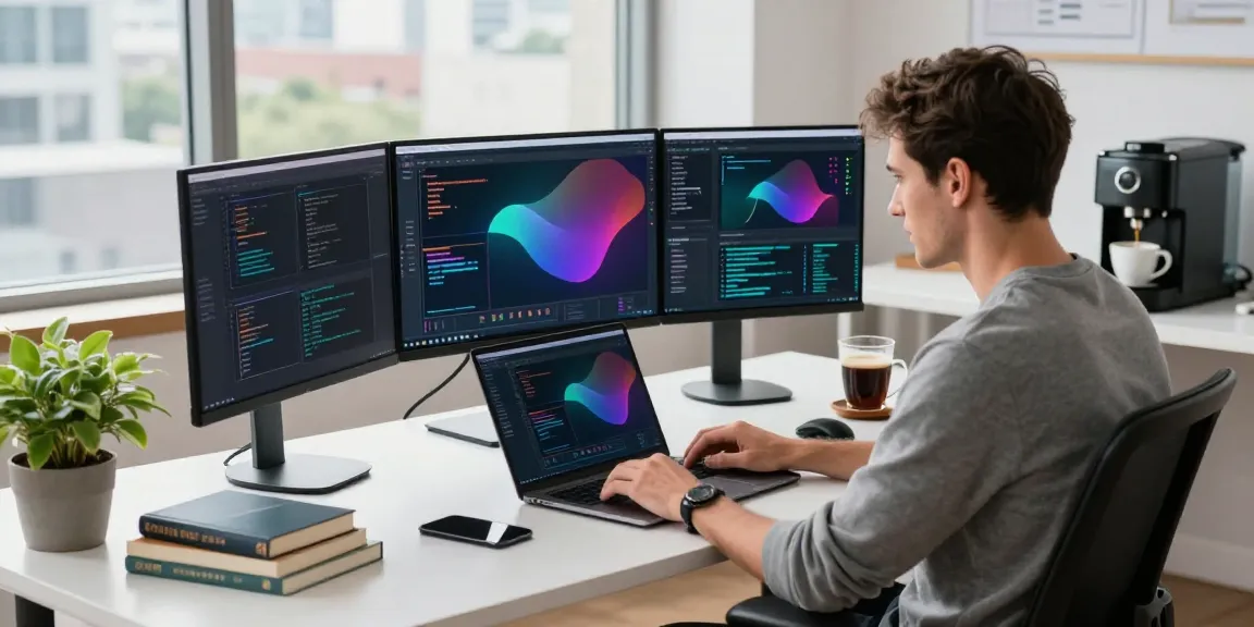 Neil Lock coding in a modern tech workspace with multiple screens and natural light.