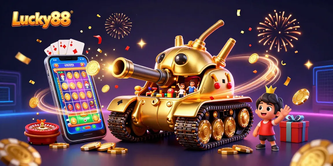 Lucky88 showcases an exhilarating casino experience featuring a vibrant golden beetle tank with a miniature casino inside.