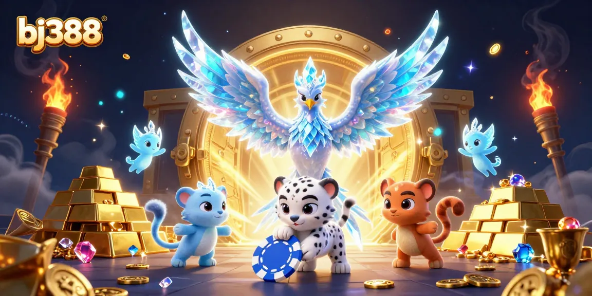BJ388 players engage with an ice phoenix and snow leopard in a vibrant online gaming scene.