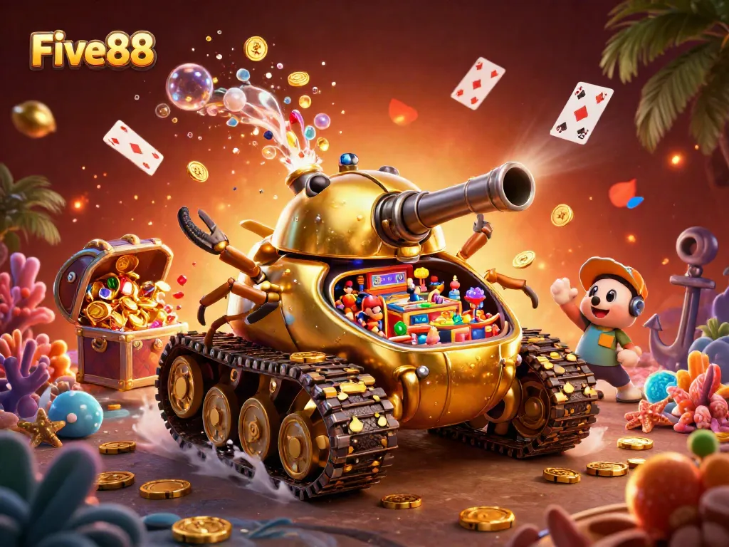 Experience the vibrant world of Five88 with a fun, dynamic casino scene featuring a golden beetle tank.