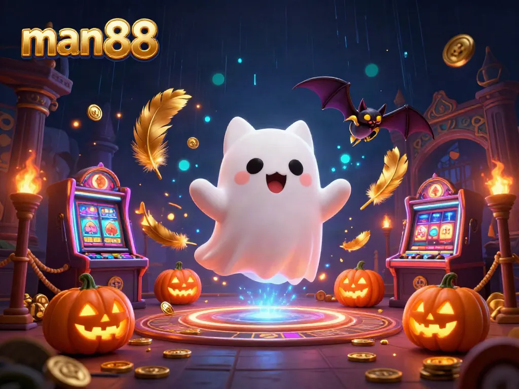 Experience the thrill of man88 with a ghostly cat and bat in a haunted casino setting.