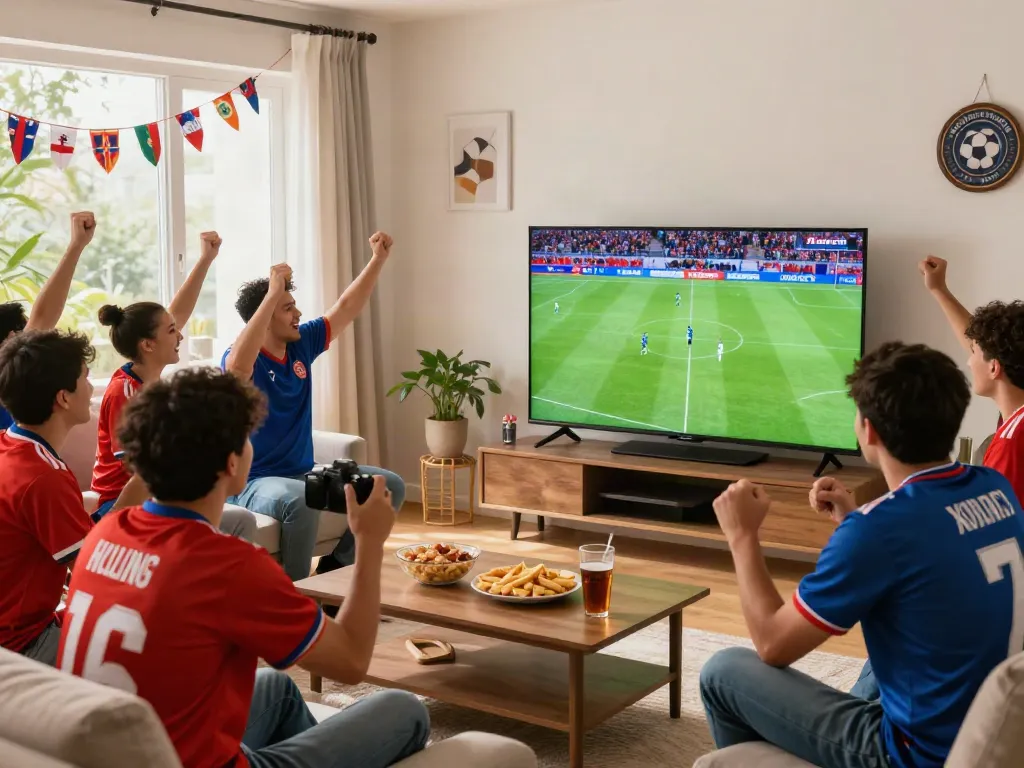 Xoilactv fans enjoying a football match together in a lively home setting.