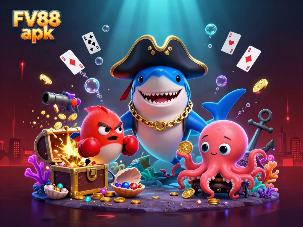 Experience the excitement with FV88 apk featuring a cartoon shark, pufferfish, and octopus in a vibrant underwater scene.