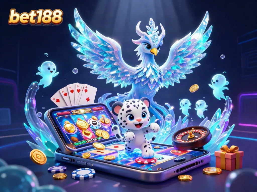 Experience bet188's vibrant gaming world with an ice phoenix and playful snow leopard in a colorful casino scene.