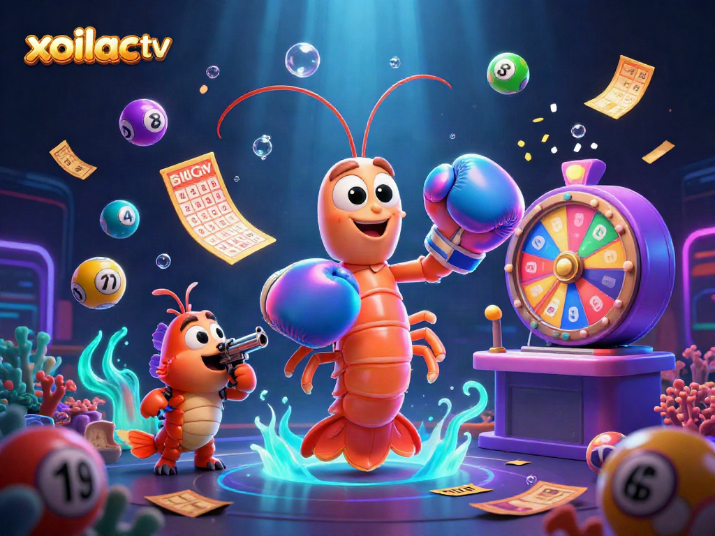 Immerse yourself in the vibrant world of xoilac tv with animated casino elements showcasing colorful lottery games and lively underwater characters.