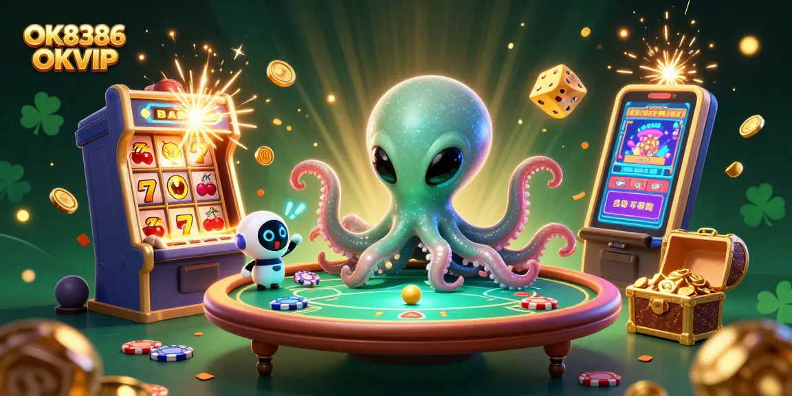 Experience the excitement of OK8386 OKVIP with a vibrant casino scene featuring an alien octopus at a poker table.