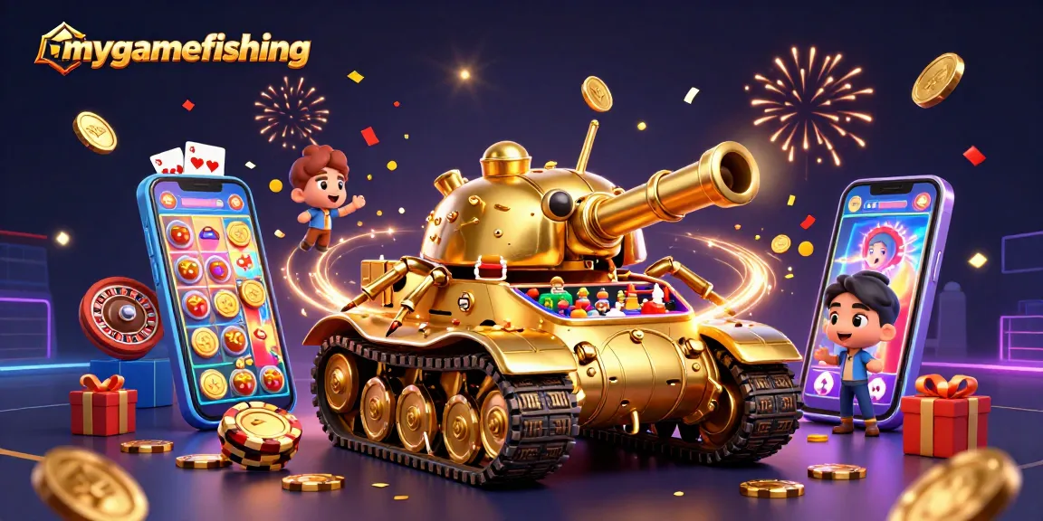 Engage in mygamefishing with vibrant slot games bursting from a 3D golden tank.