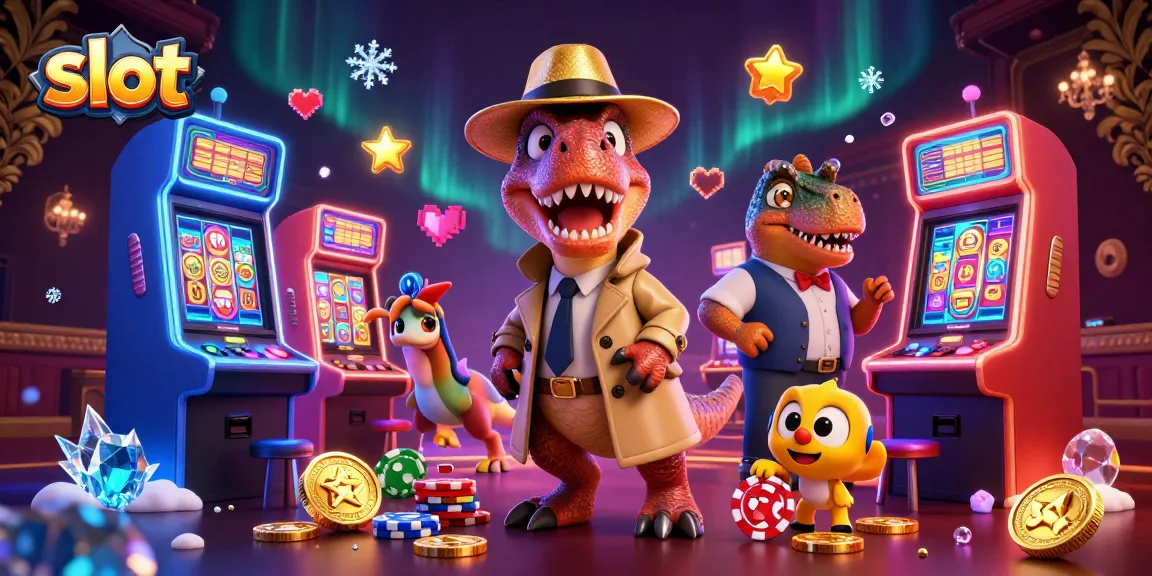 Engaging slot scene with a velociraptor card counter at the slot machine amid lively casino elements.
