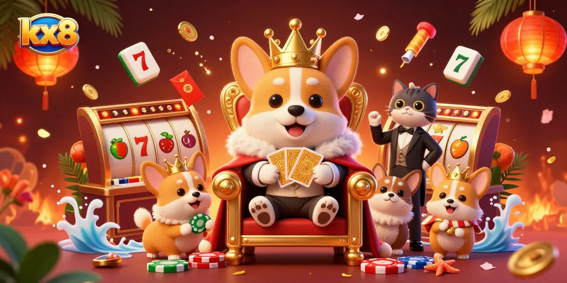 Engage in epic gameplay with kx8, featuring a royal corgi and a host of vibrant gaming elements.