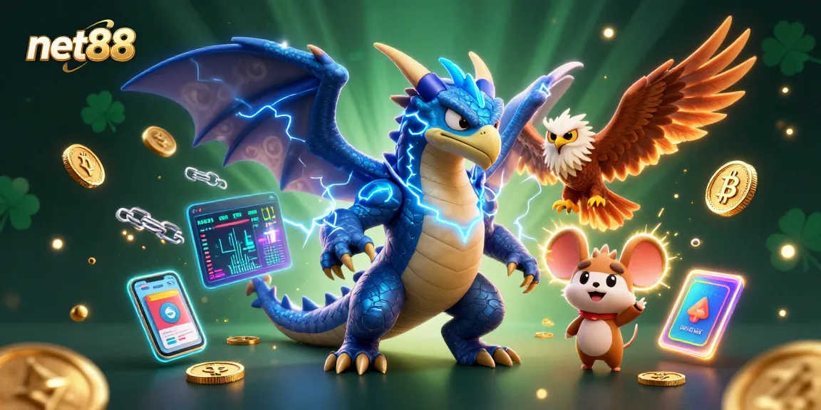 Experience the thrilling world of net88 with dynamic characters amidst vibrant gambling elements.