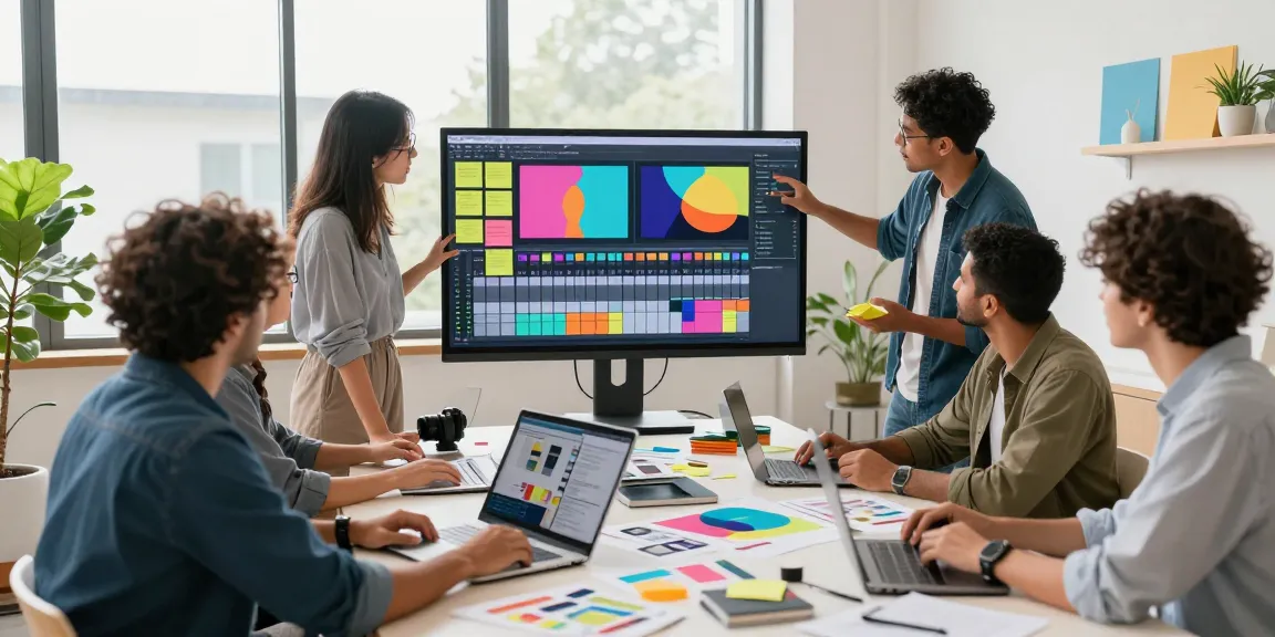 Diverse team collaborating on a digital mix board, showcasing colorful templates in a bright creative workspace.