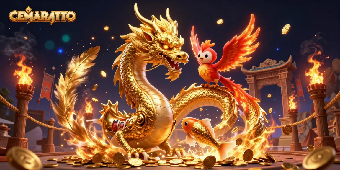 CEMARATOTO showcases a vibrant casino scene with a golden dragon, fiery phoenix, and koi fish amidst slot reels and coins.