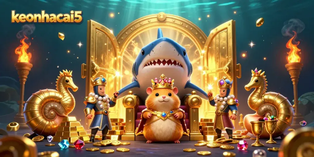 Engage with keonhacai5's thrilling casino adventure amidst treasures, jewels, and royal symbols.