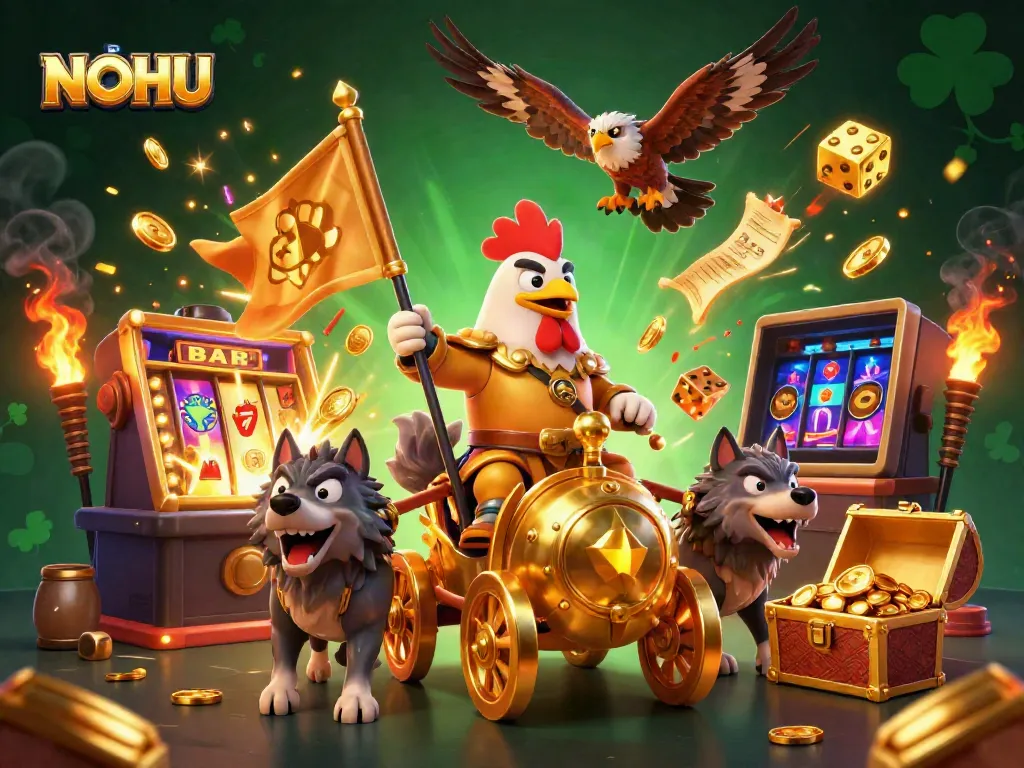 Nail your gaming dreams at NOHU with our dynamic 3D illustration featuring endless casino riches and excitement.