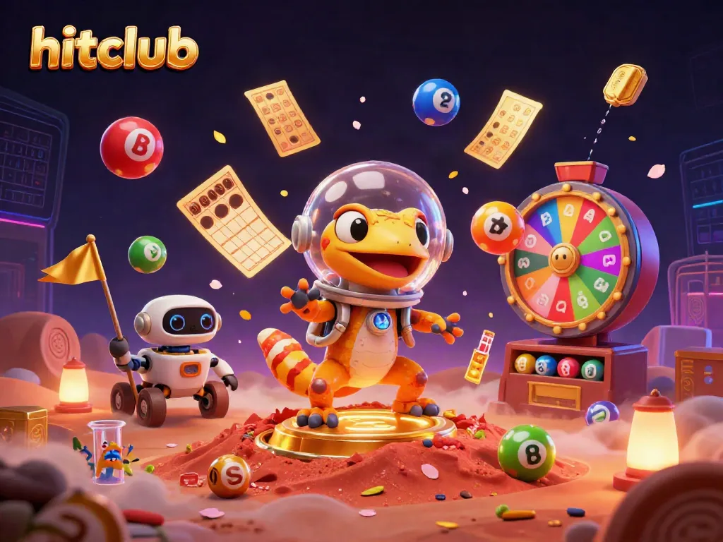 Join the fun at hitclub with a Martian gecko discovering a casino amidst colorful lottery balls and vibrant games.