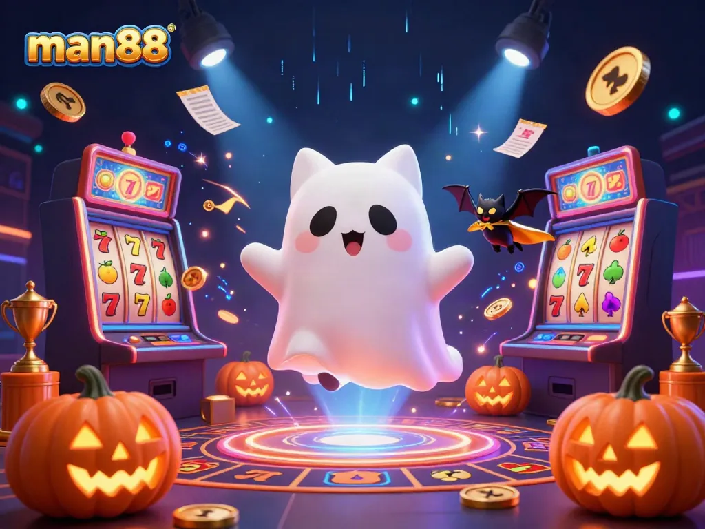 Engage with the thrilling atmosphere of man88's casino featuring a friendly ghost cat and slot machines.