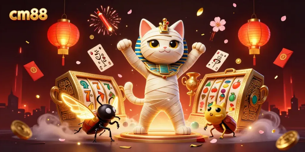 Experience thrilling gameplay at cm88 with a dynamic scene showcasing an Egyptian mummy cat and casino elements.