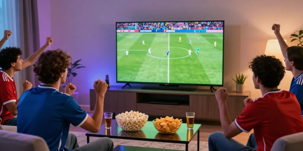 Friends enjoying a live football match on Gavangtv in a lively atmosphere.