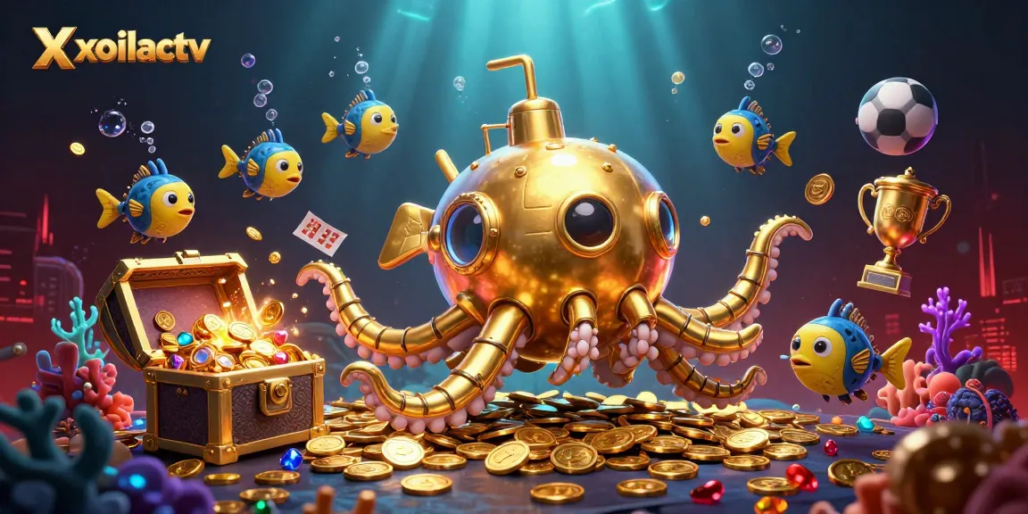 Engaging sports betting action with xoilactv featuring a golden kraken submarine amidst vibrant coins and trophies.