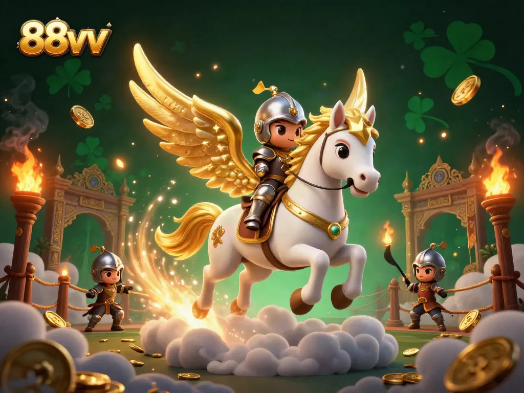 Experience thrilling betting action with 88vv in this vibrant 3D illustration of a knight riding a celestial horse.