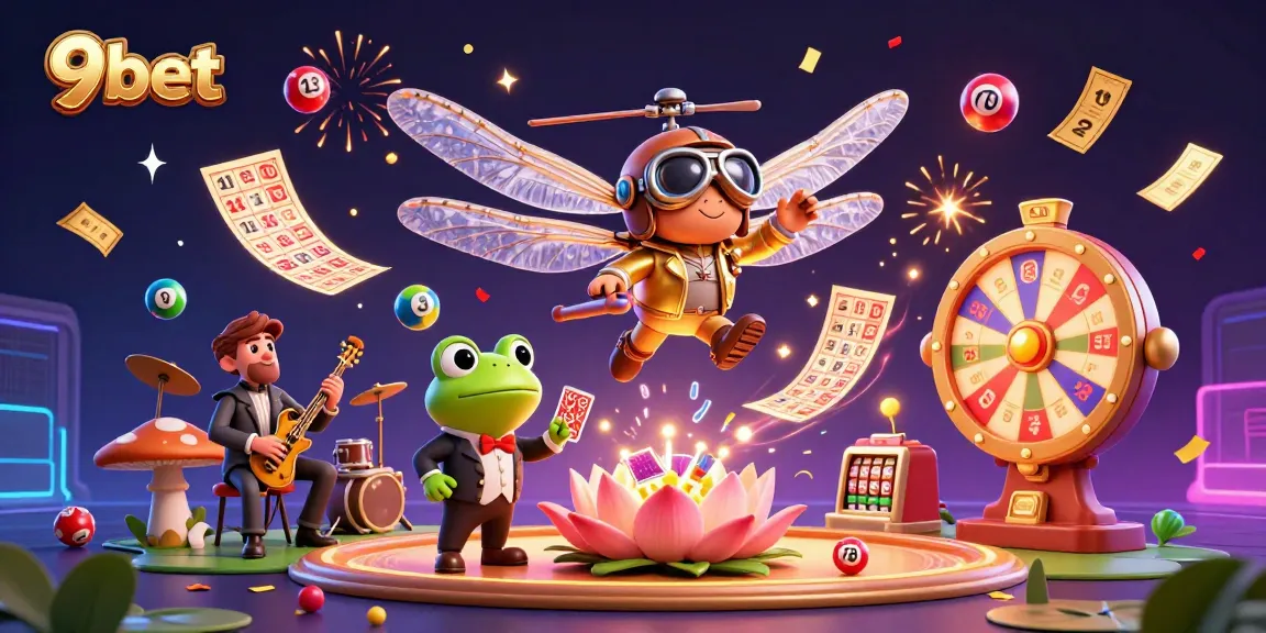 Experience the excitement of gaming with 9bet's vibrant 3D casino scene featuring a dragonfly pilot, frog dealer, and jazz-playing crickets.