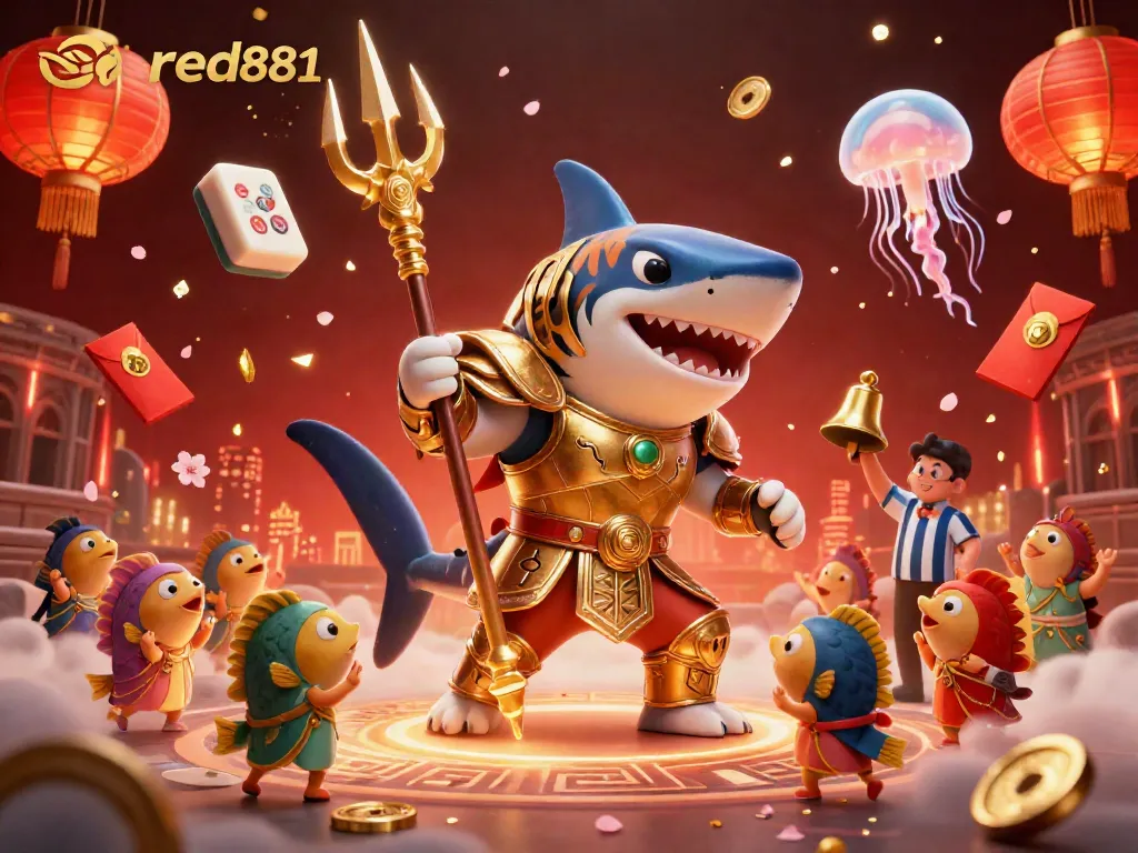Engage with the thrilling underwater contest at red881 featuring a gladiator shark and cheering fish in an immersive scene.