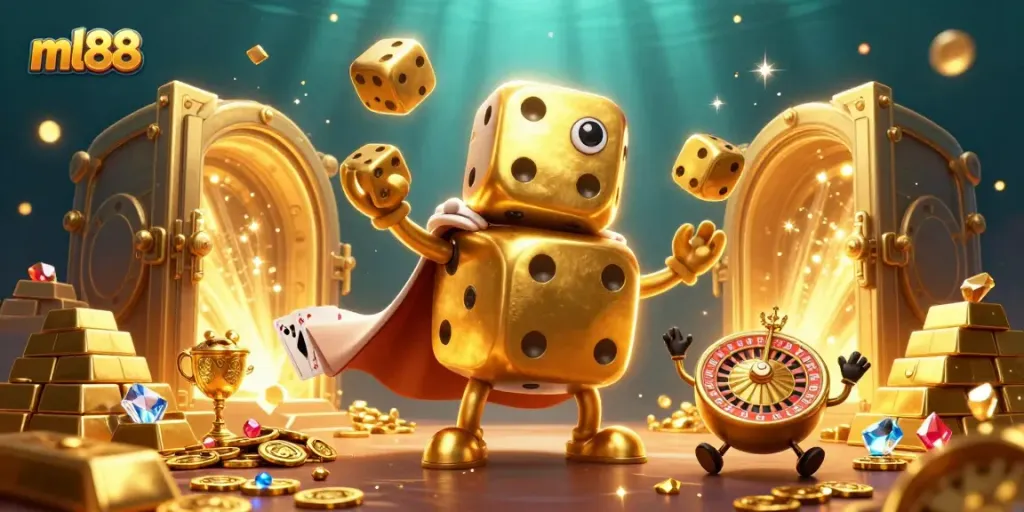 Experience thrilling wins with ml88 in a vibrant 3D casino scene featuring golden dice and treasure.