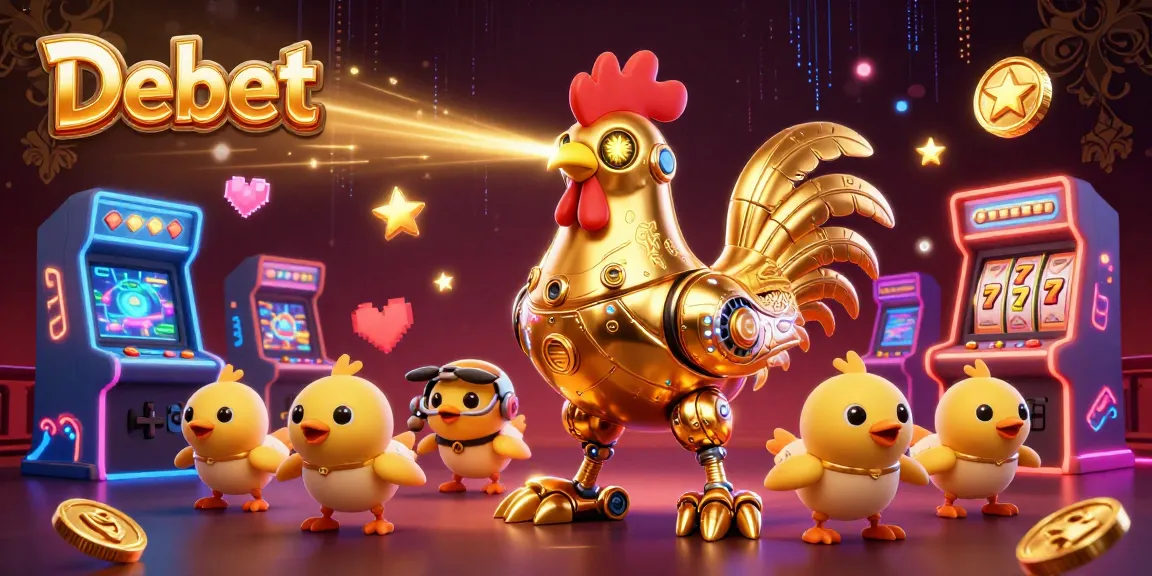 Engage in casino fun with Debet: a golden rooster robot celebrating wins surrounded by vivid game elements.