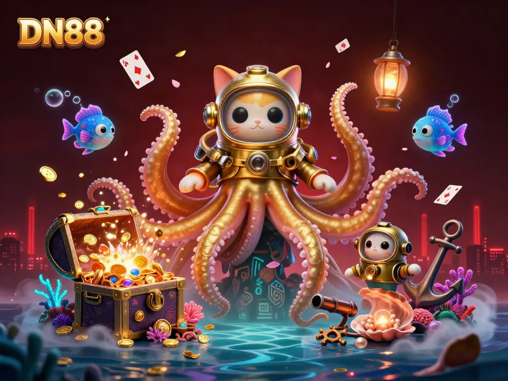Experience thrilling gameplay with DN88’s vibrant 3D kraken scene, showcasing underwater treasures and slot elements.