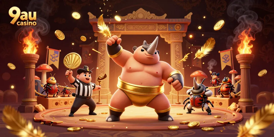 Betting strategies illustrated at 9au casino with entertaining sumo beetle characters in dynamic action.