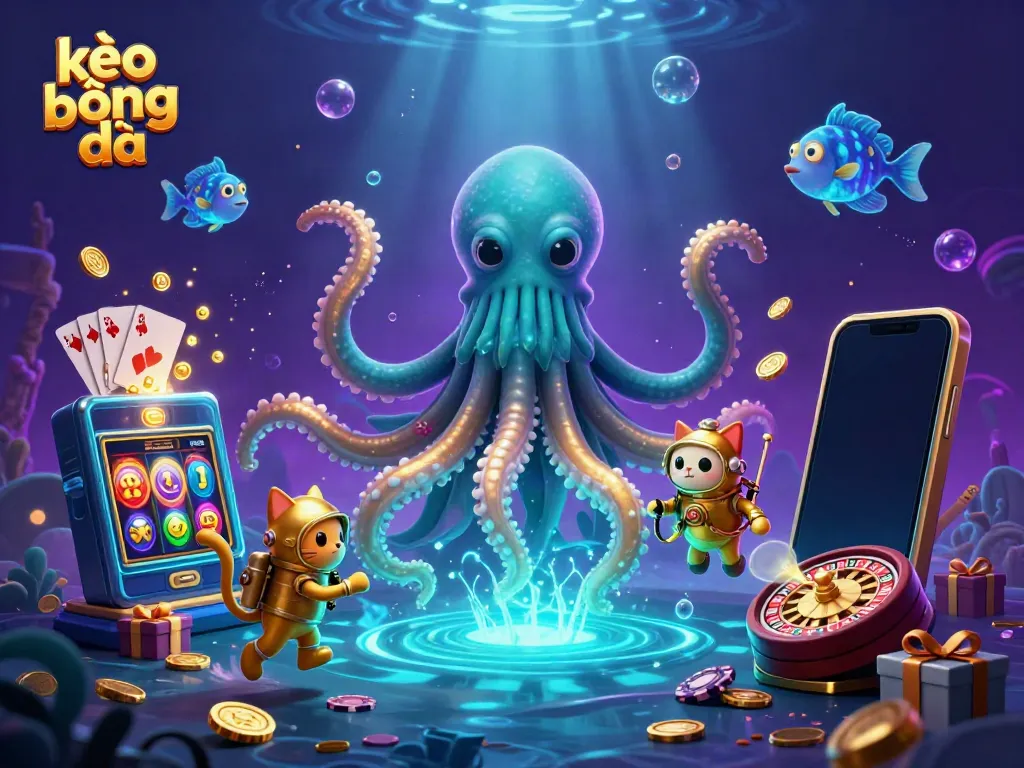 Engage in the exciting world of kèo bóng đá with a vibrant illustration of a kraken, diving cat, and dynamic casino elements, illustrating sports betting action.