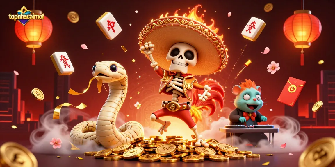 Experience the vibrant energy of topnhacaimoi with a mariachi rooster, mummy snake, and DJ hamster amidst a colorful casino celebration.