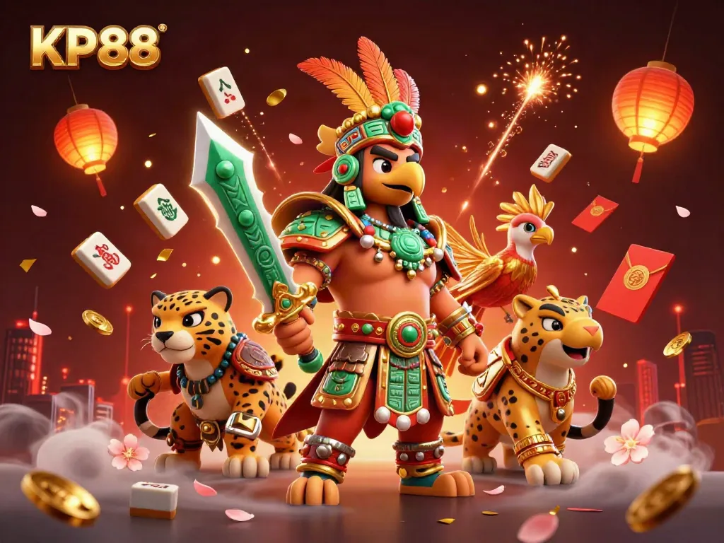 Engage in winning strategies at KP88, featuring dynamic Aztec warriors and vibrant gambling elements.