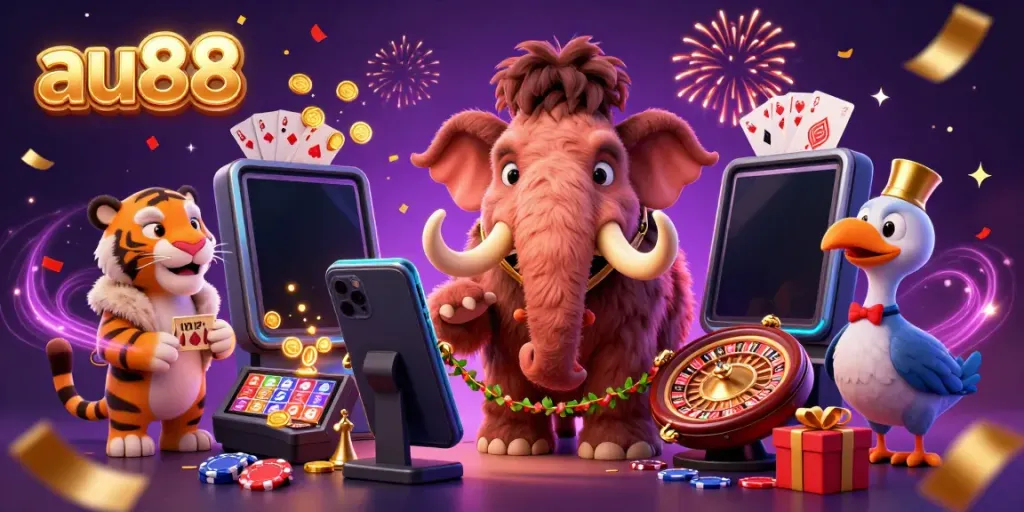 Catch the excitement at au88 with a vibrant casino scene featuring a woolly mammoth bouncer and a saber-tooth VIP.