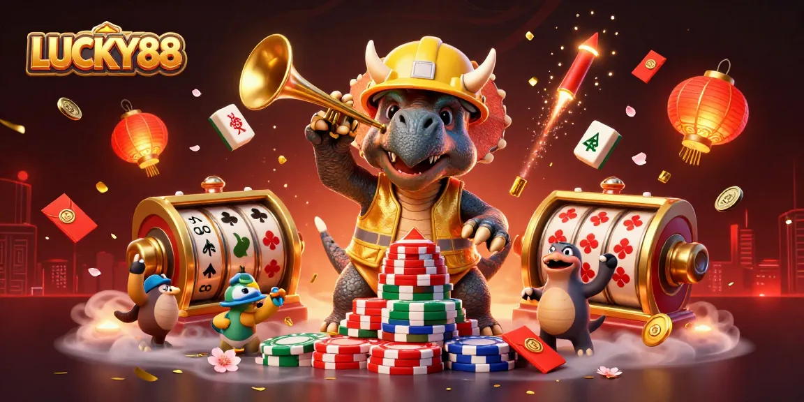 Experience the excitement of LUCKY88 as a triceratops builds poker chip towers amidst vibrant casino elements.
