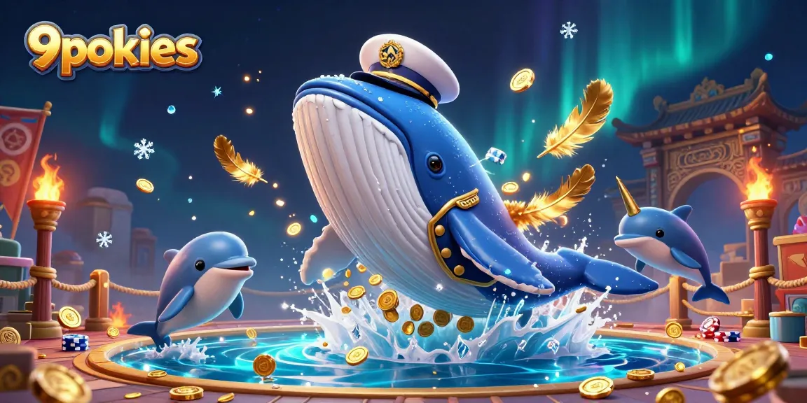 Experience thrill with 9pokies in an engaging 3D casino scene featuring playful dolphins and a majestic whale.