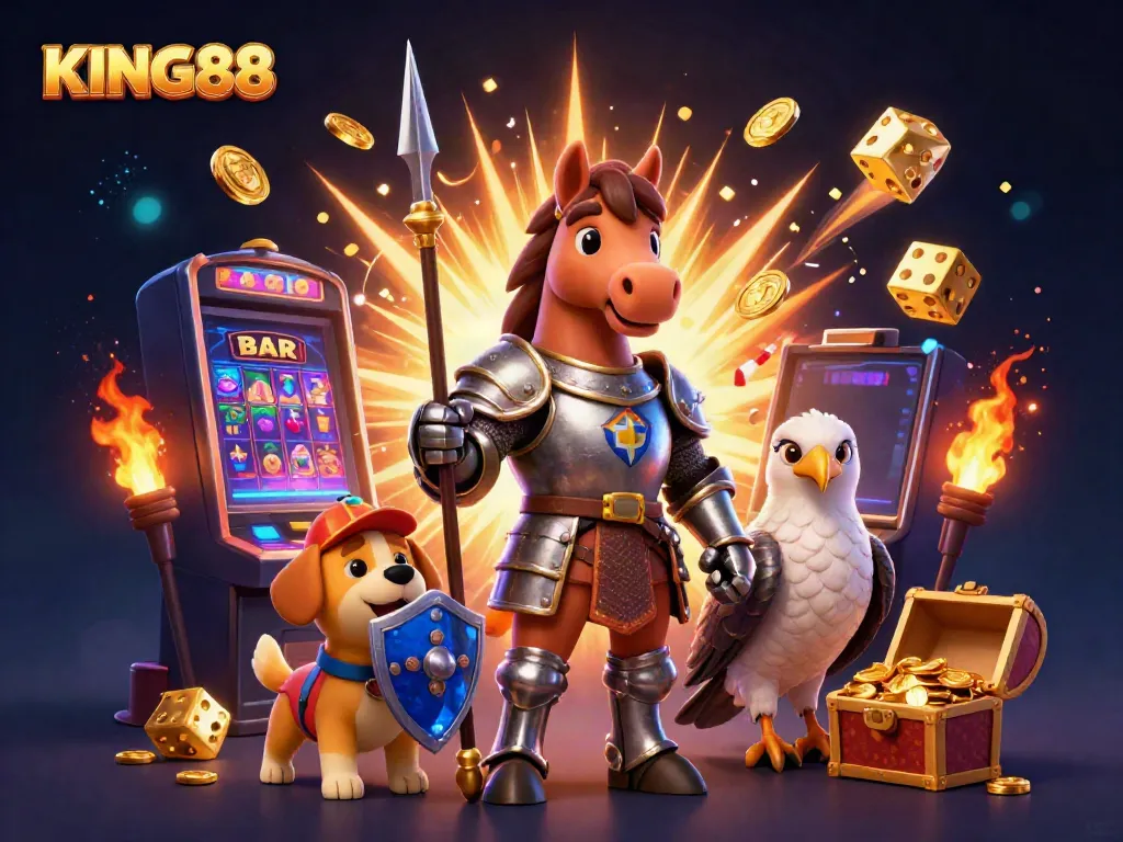 Experience the excitement of KING88 with a knight, squire puppy, and falcon in a dynamic casino scene.