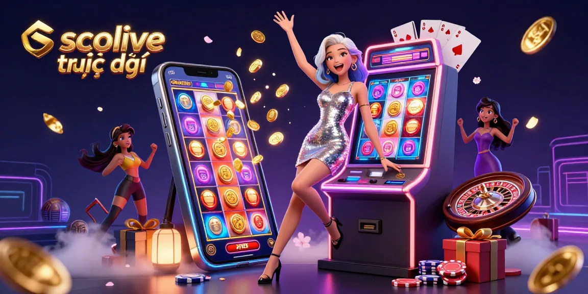 Experience socolive trực tiếp with vibrant casino excitement, showcasing a celebratory woman at a jackpot slot machine.