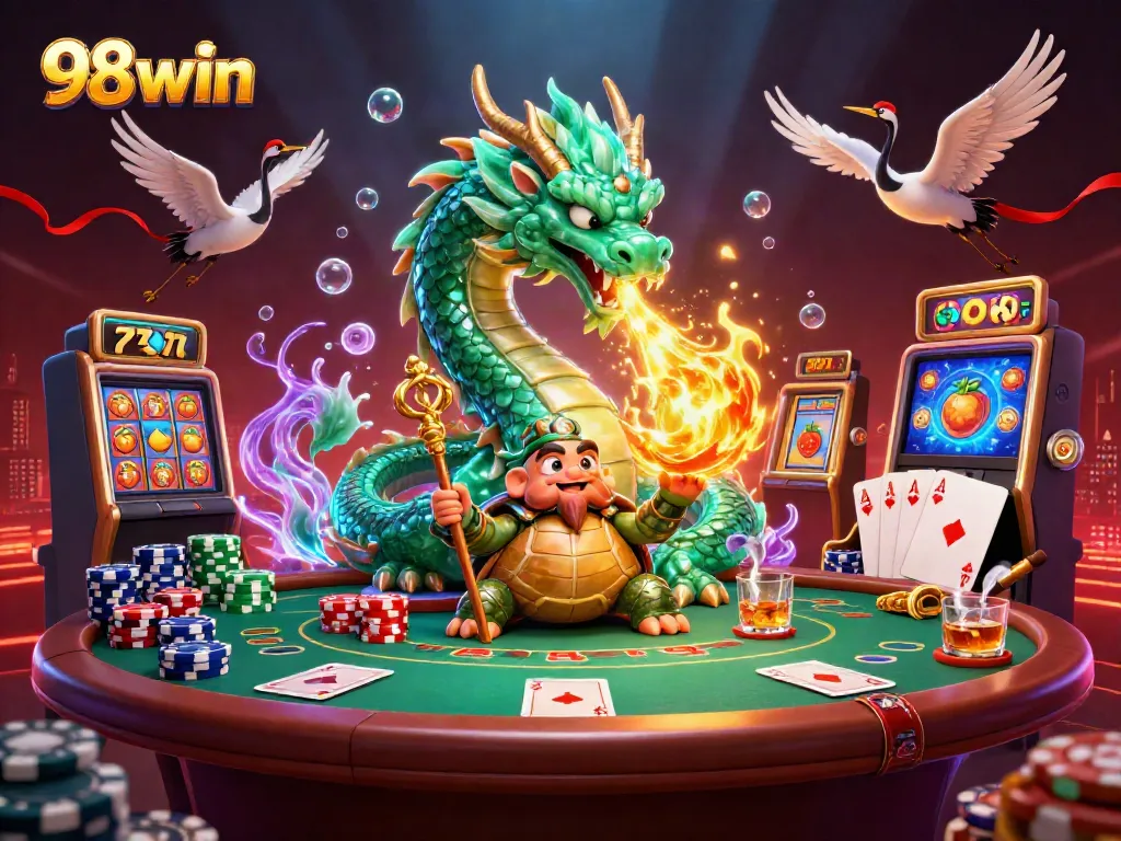 Experience 98win's vibrant casino world with a jade dragon, turtle sage, and lucky cranes.