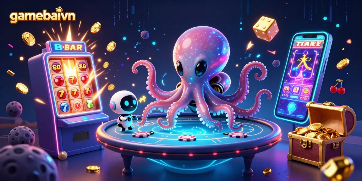 Play poker with gamebaivn in a vibrant 3D scene featuring an alien octopus and scattered casino elements.