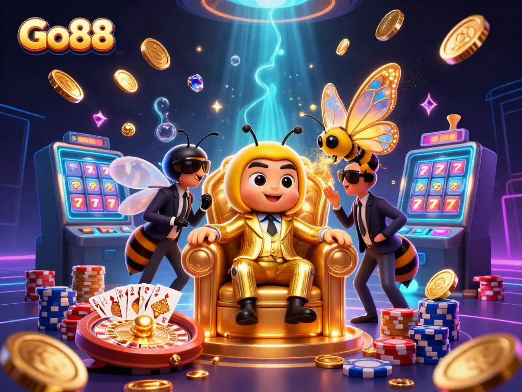 Experience luxury gaming at Go88 with a dynamic casino scene featuring golden coins and vibrant characters.